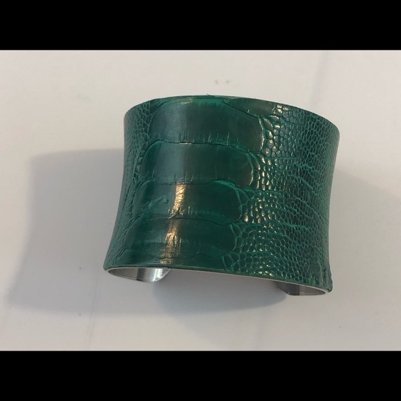 Jewelry - Artisan handmade croc embossed green leather cuff